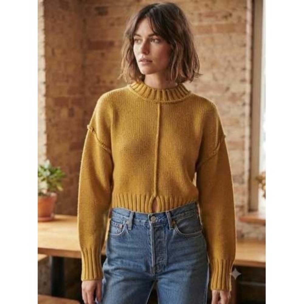 Zara Mustard Yellow Cropped Knit Sweater Exposed Seam Crew Neck L